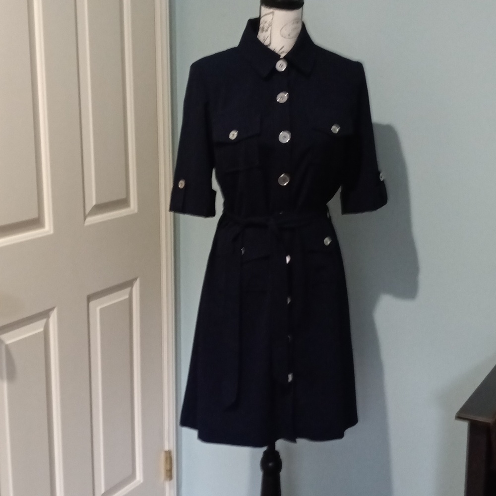 LAST CALL Studio 1 Belted Navy Midi Dress with Silver Buttons EUC Size 8
